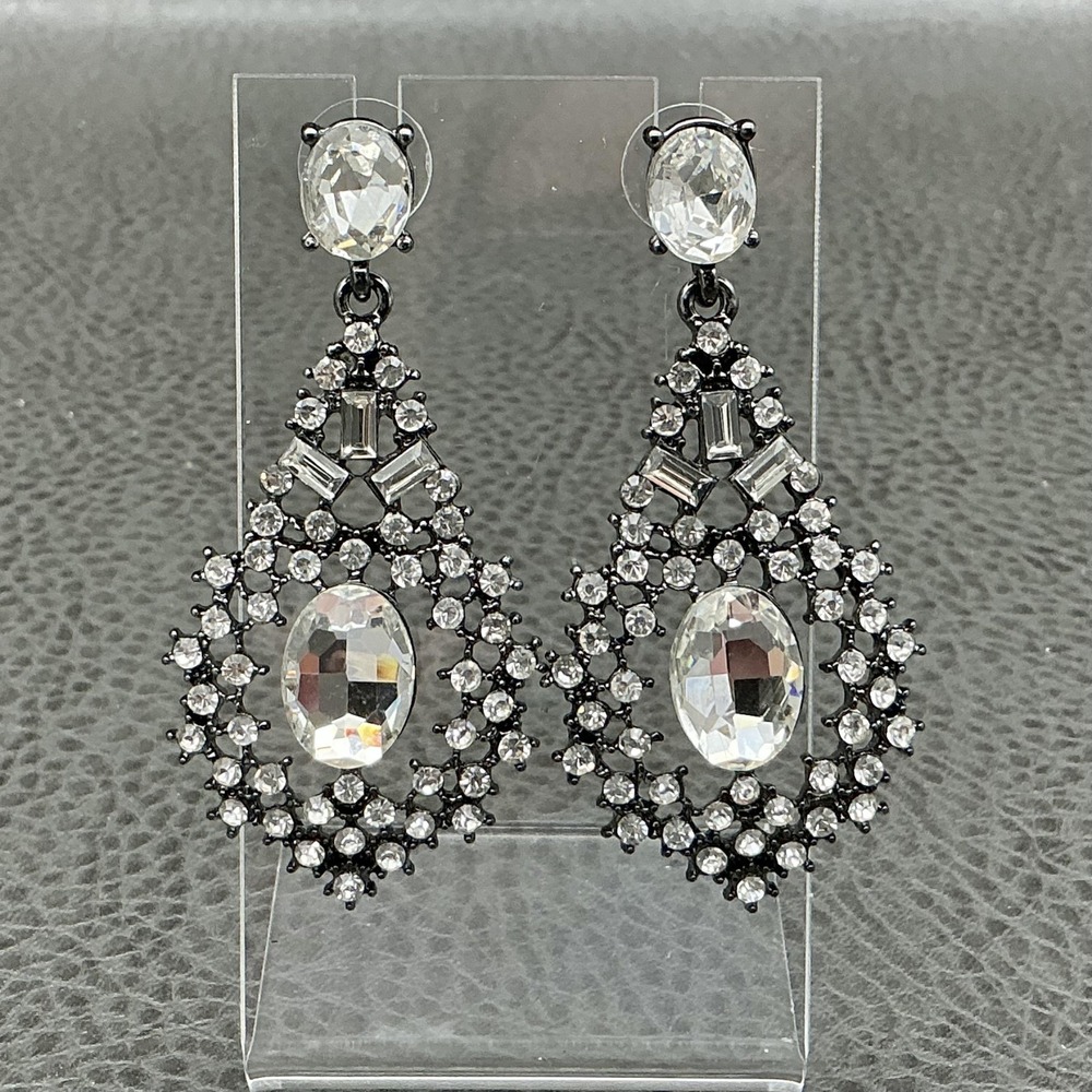 Earrings Black Teardrop Chandelier Dangle Womens Crystal Rhinestone Jewelry 2"